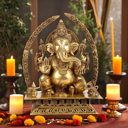 Brassaura™ Handcrafted Brass Lord Ganapathi Statue | Elephant Tusk Arch Design | Height 22 Inches & Weight 25 Kg