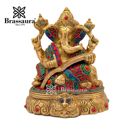 Brass Gem Stone Work Ganesh Idol for Home and Decor Weight 3 Kg Height 19 cm