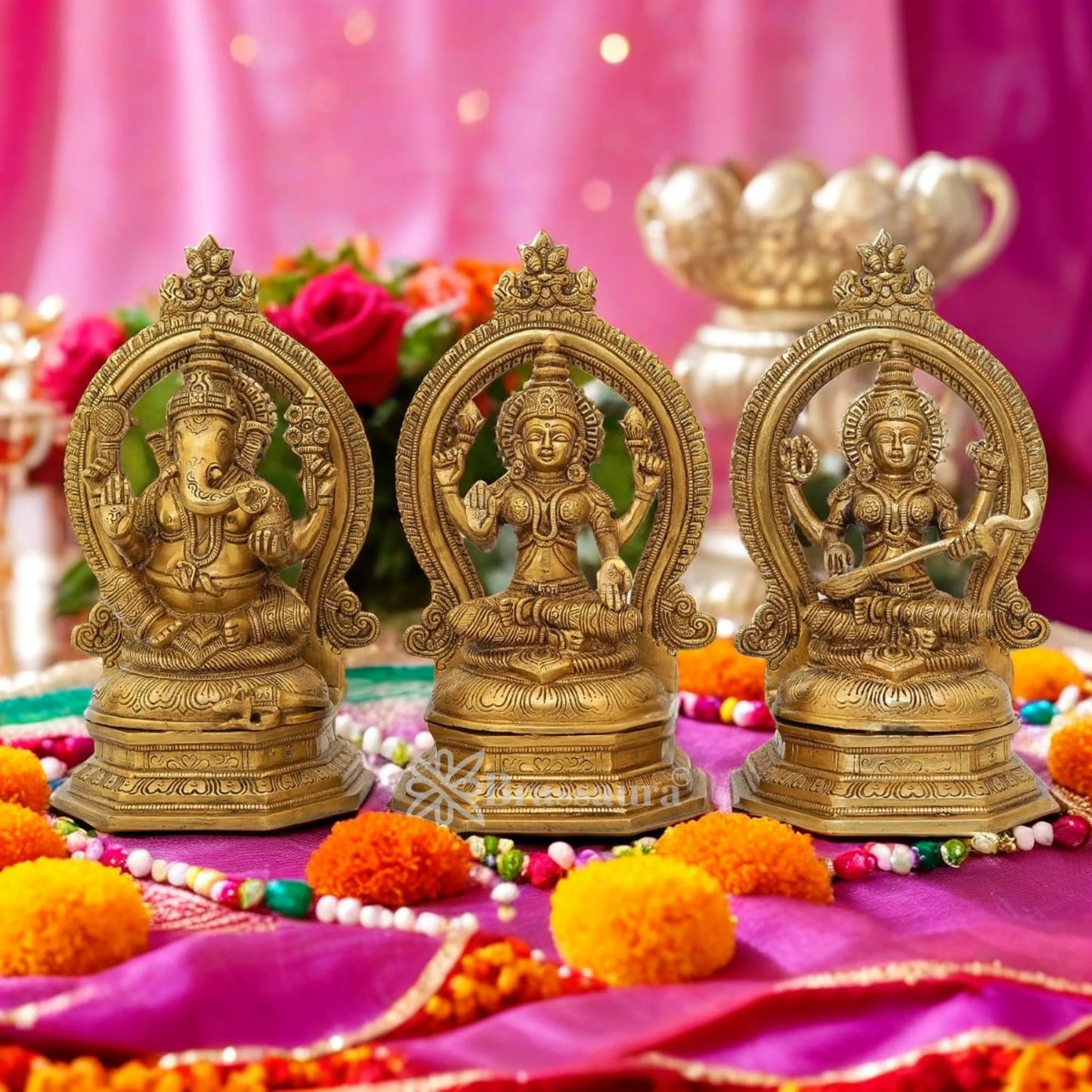 Brassaura™ Artistic Brass Antique Laxmi Ganesha Saraswati Idol – Height 11.5 Inches & Weight 12 Kgs | Devotional Accent