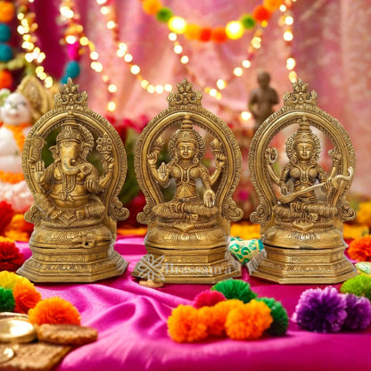 Brassaura™ Artistic Brass Antique Laxmi Ganesha Saraswati Idol – Height 11.5 Inches & Weight 12 Kgs | Devotional Accent