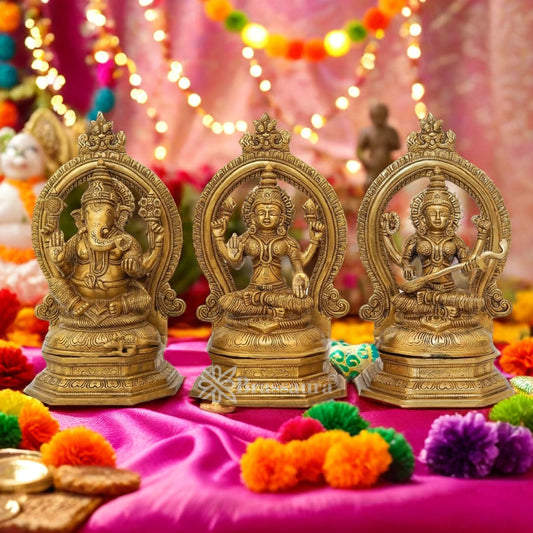 Brassaura™ Artistic Brass Antique Laxmi Ganesha Saraswati Idol – Height 11.5 Inches & Weight 12 Kgs | Devotional Accent