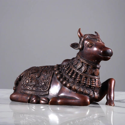 Brassaura™ Pure Brass Engraved Nandi Statue with Dark Brown Tone | Handcrafted Spiritual Décor | Weight 2.8 Kgs | Width 10 Inches