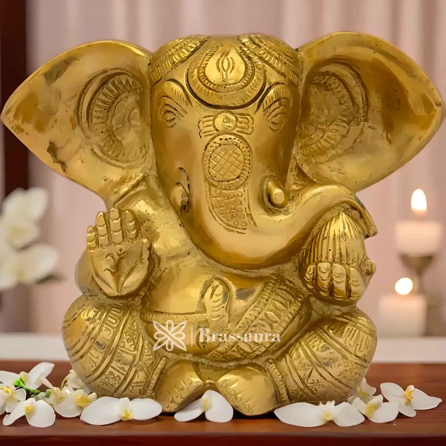 Brassaura™ Brass Ganesha Idol for Home and Decor | Weight 1.5 Kgs | Height 4.72 Inches