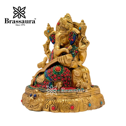 Brass Gem Stone Work Ganesh Idol for Home and Decor Weight 3 Kg Height 19 cm