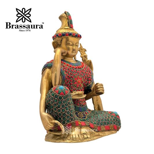 Brassaura® Brass Gem Stone Work Buddha Stand Idol for Home Decor | Pure Superfine Brass Handcrafted Murti | Brass Statue for Home Temple, Pooja Room | Height 9.84 Inches | Weight 4.3 Kg