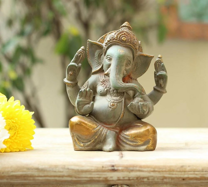 Brassaura® Ganesha Sitting Idol with Rustic Finish | Pure Superfine Brass Handcrafted Murti | Brass Statue for Home Temple, Pooja Room | Height 6 Inches | Weight 2.2 Kgs