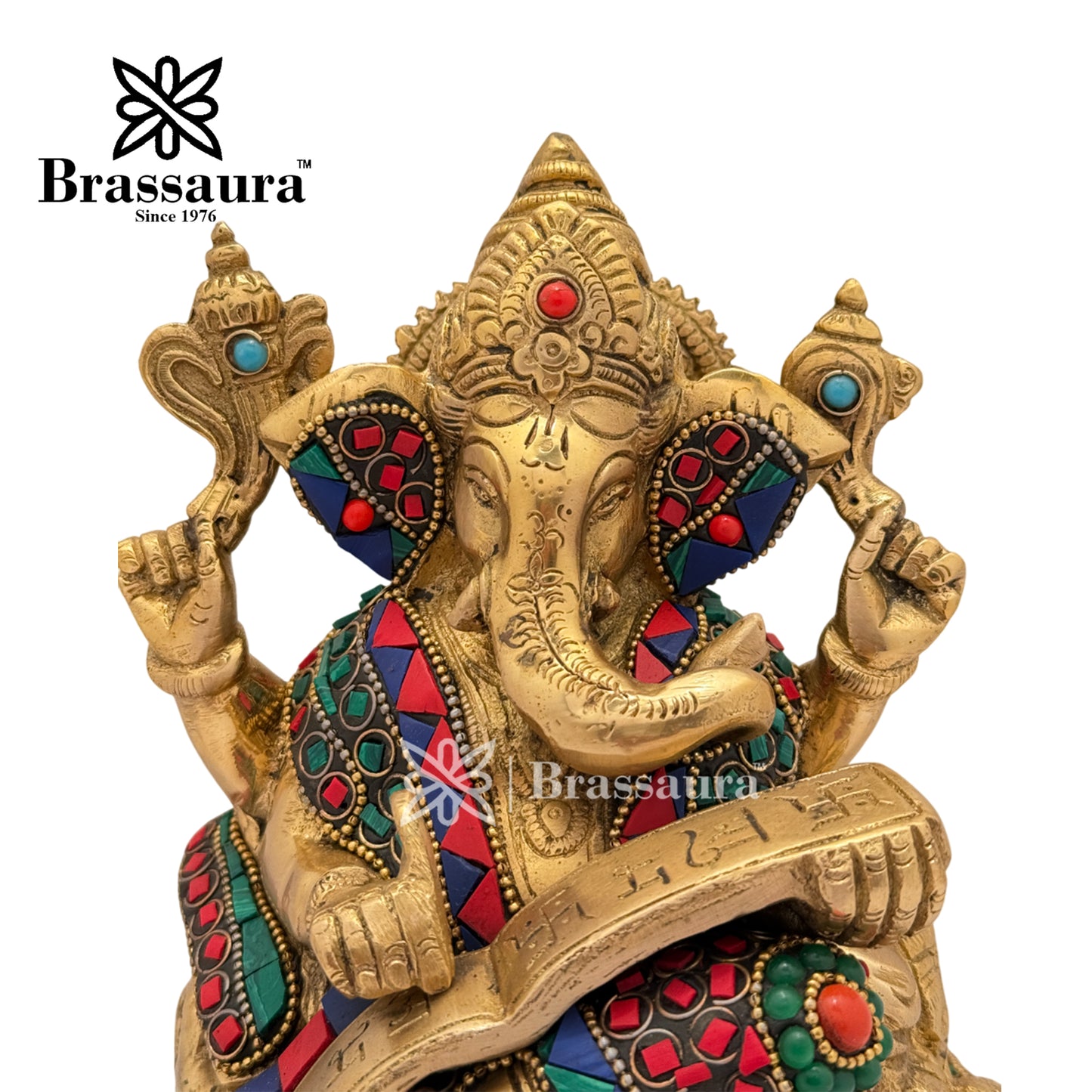 Brass Gem Stone Work Ganesh Idol for Home and Decor Weight 3 Kg Height 19 cm