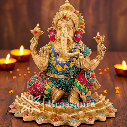 Brassaura™ Brass Gem Stone Work Lotus Ganesha Idol for Home and Decor | Weight 4.2 Kgs | Height 7.9 Inches