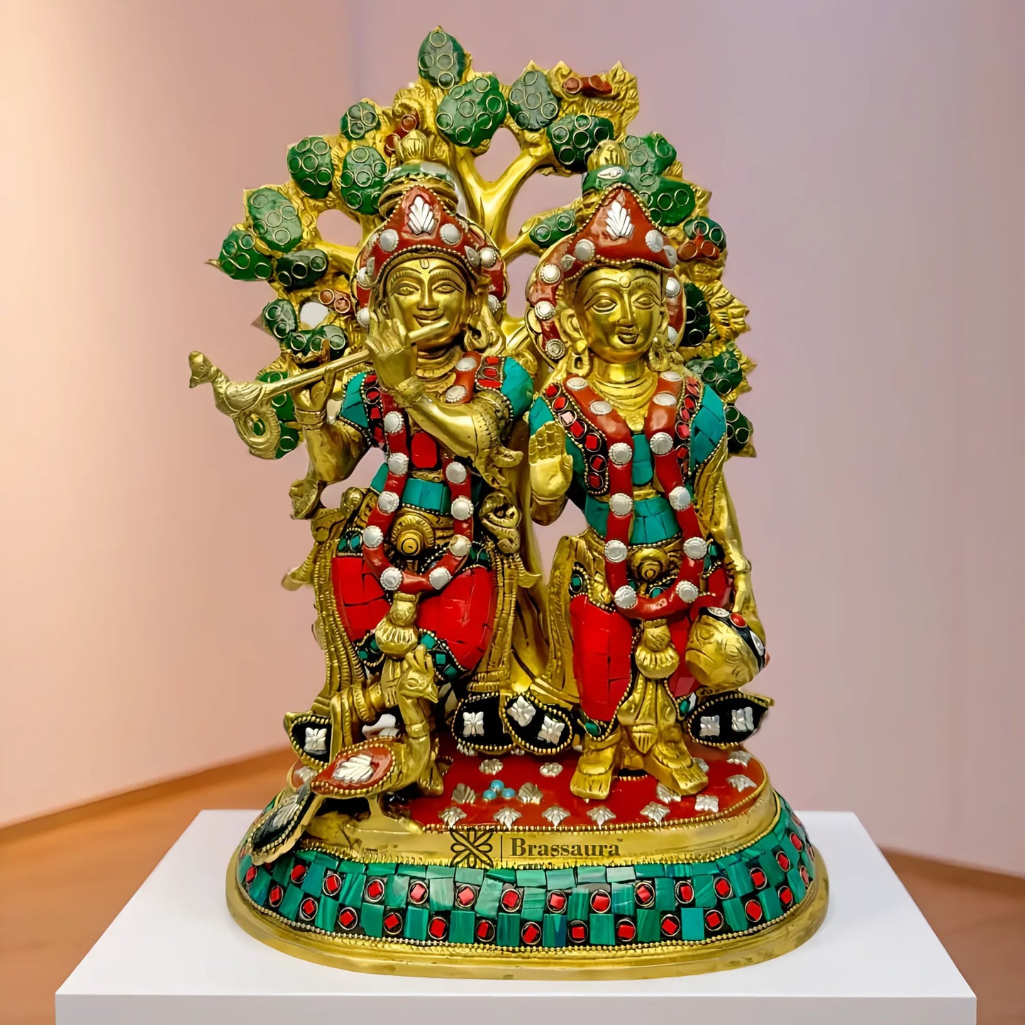 Brassaura™ Majestic Brass Radha Krishna Murti | Pure Brass with Gemstone Inlay | Height 34 cm (13.4 Inches) & Weight 7.23 Kgs