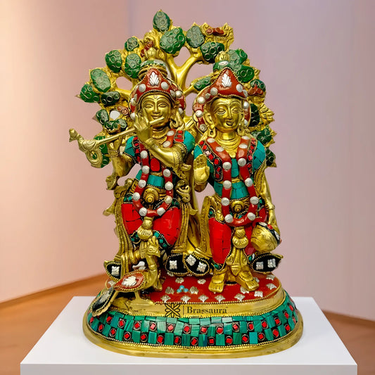 Brassaura™ Majestic Brass Radha Krishna Murti | Pure Brass with Gemstone Inlay | Height 34 cm (13.4 Inches) & Weight 7.23 Kgs