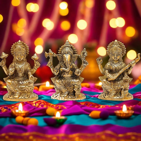 Brassaura™ Brass Laxmi Ganesha Saraswati Idol – Height 5 Inches & Weight 3.3 Kgs | Home & Temple Murti