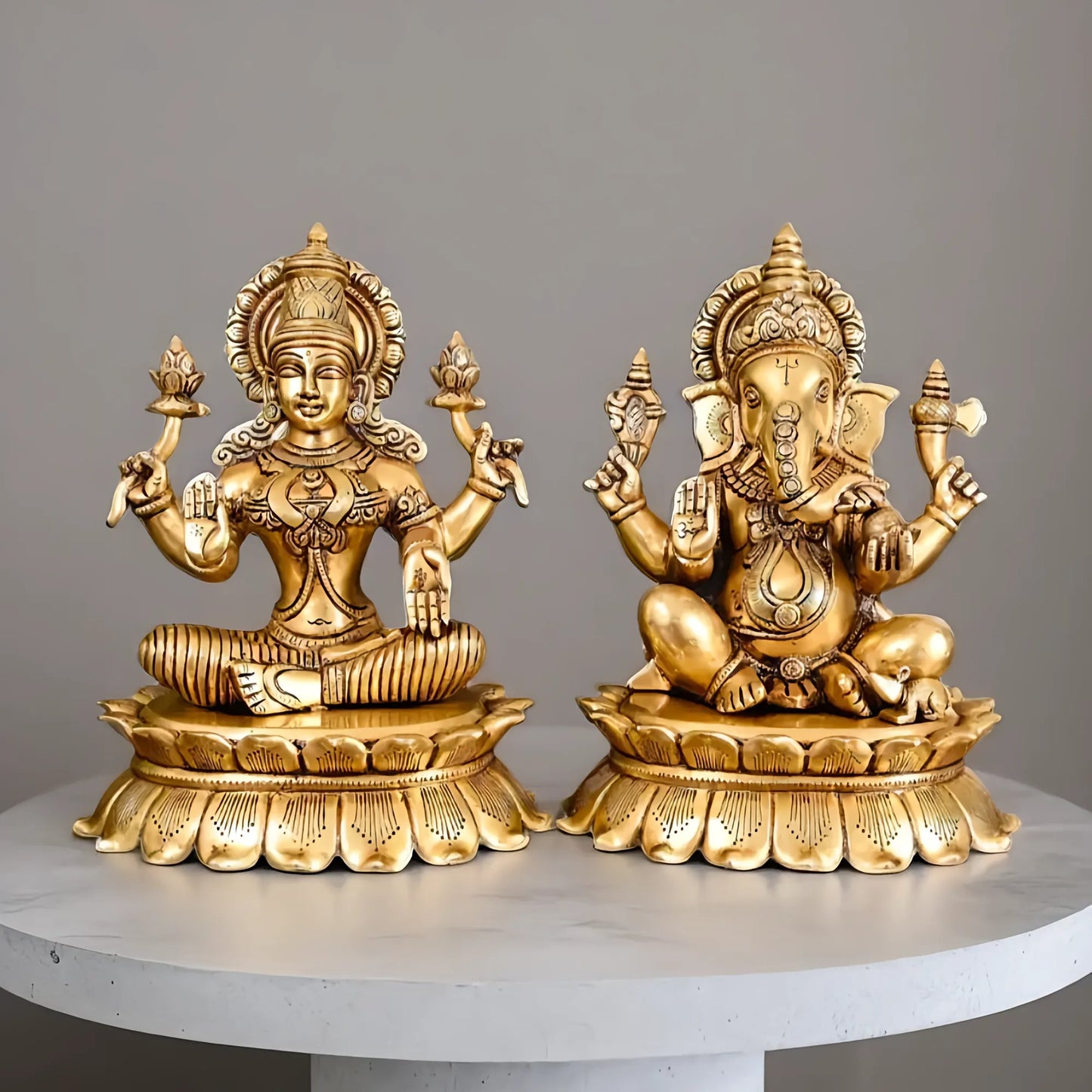 Brassaura™ Lakshmi & Ganesha Brass Idol Set | Superfine Handcrafted Pair | Height 11 Inches & Combined Weight 14.5 Kgs