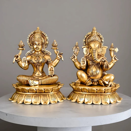 Brassaura™ Lakshmi & Ganesha Brass Idol Set | Superfine Handcrafted Pair | Height 11 Inches & Combined Weight 14.5 Kgs