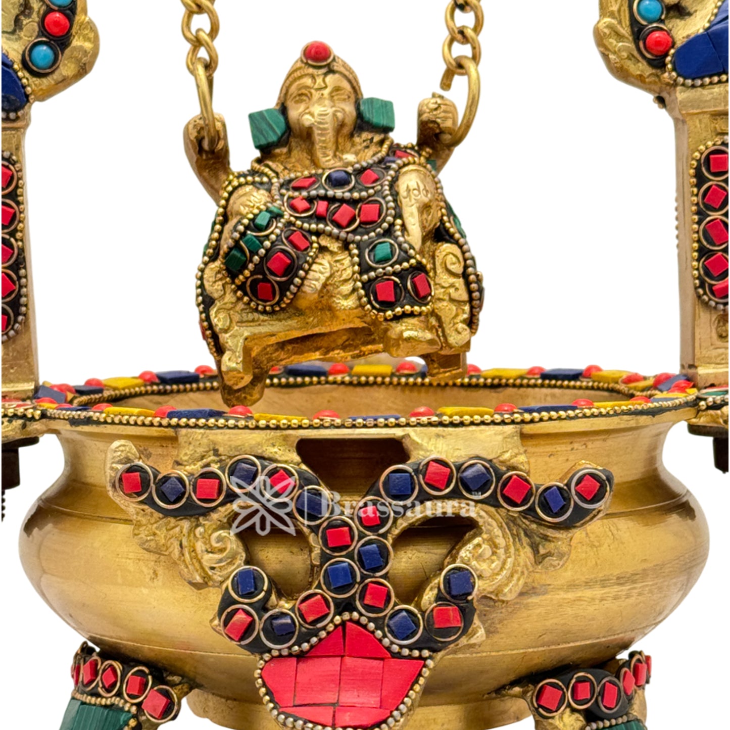 Brass Gem Stone Work Ganesh Jhula Urli Idol for Home and Decor Weight 2.6 Kg Height 24 cm