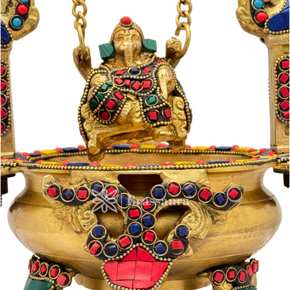 Brass Gem Stone Work Ganesh Jhula Urli Idol for Home and Decor Weight 2.6 Kg Height 24 cm