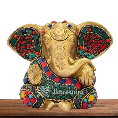 Brass Gem Stone Work Ganesha Idol for Home and Decor Weight 1.6 Kg Height 12 cm