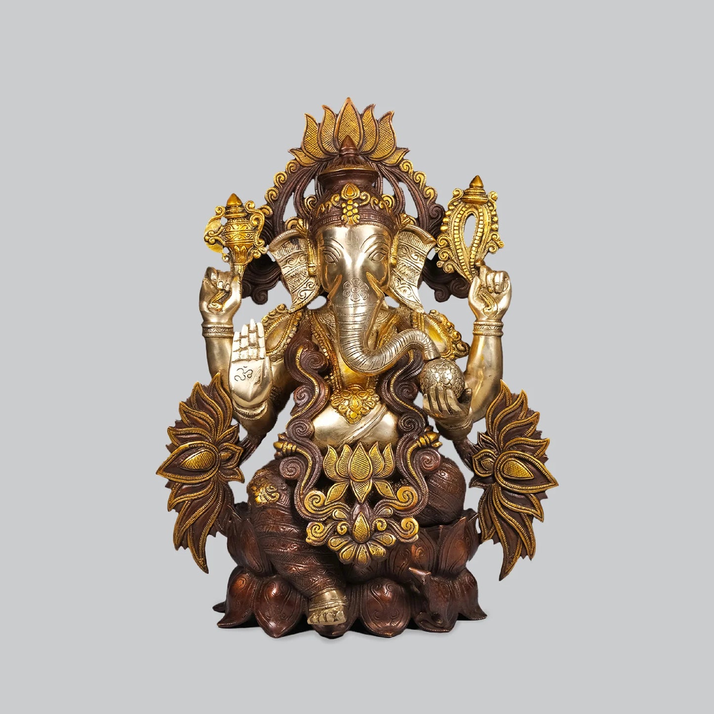Brassaura® Four-Armed Blessing Lord Ganesha Seated on Lotus Throne | Handcrafted Brass Sculpture | Height 21 Inches & Weight 23.78 Kgs