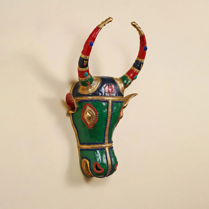 Brassaura® Brass Nandi Wall Mask with Stone Inlay Work | Height 18 Inches