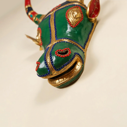 Brassaura® Brass Nandi Wall Mask with Stone Inlay Work | Height 18 Inches