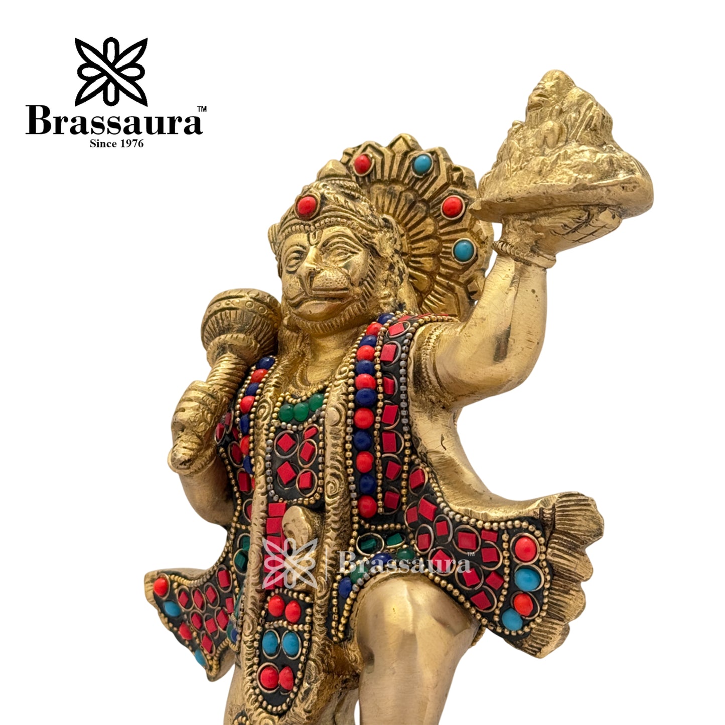 Brass Gem Stone Work Mountain Hanuman Idol for Home and Decor Weight 2.7 Kg Height 24 cm