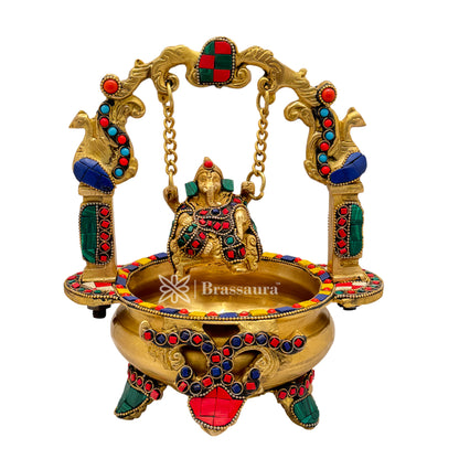 Brass Gem Stone Work Ganesh Jhula Urli Idol for Home and Decor Weight 2.6 Kg Height 24 cm