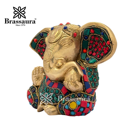 Brass Gem Stone Work Ganesha Idol for Home and Decor Weight 1.6 Kg Height 12 cm