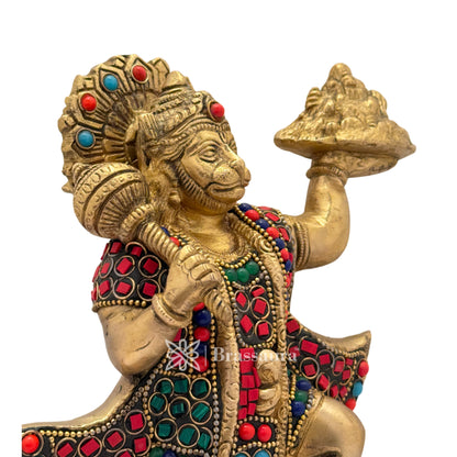 Brass Gem Stone Work Mountain Hanuman Idol for Home and Decor Weight 2.7 Kg Height 24 cm