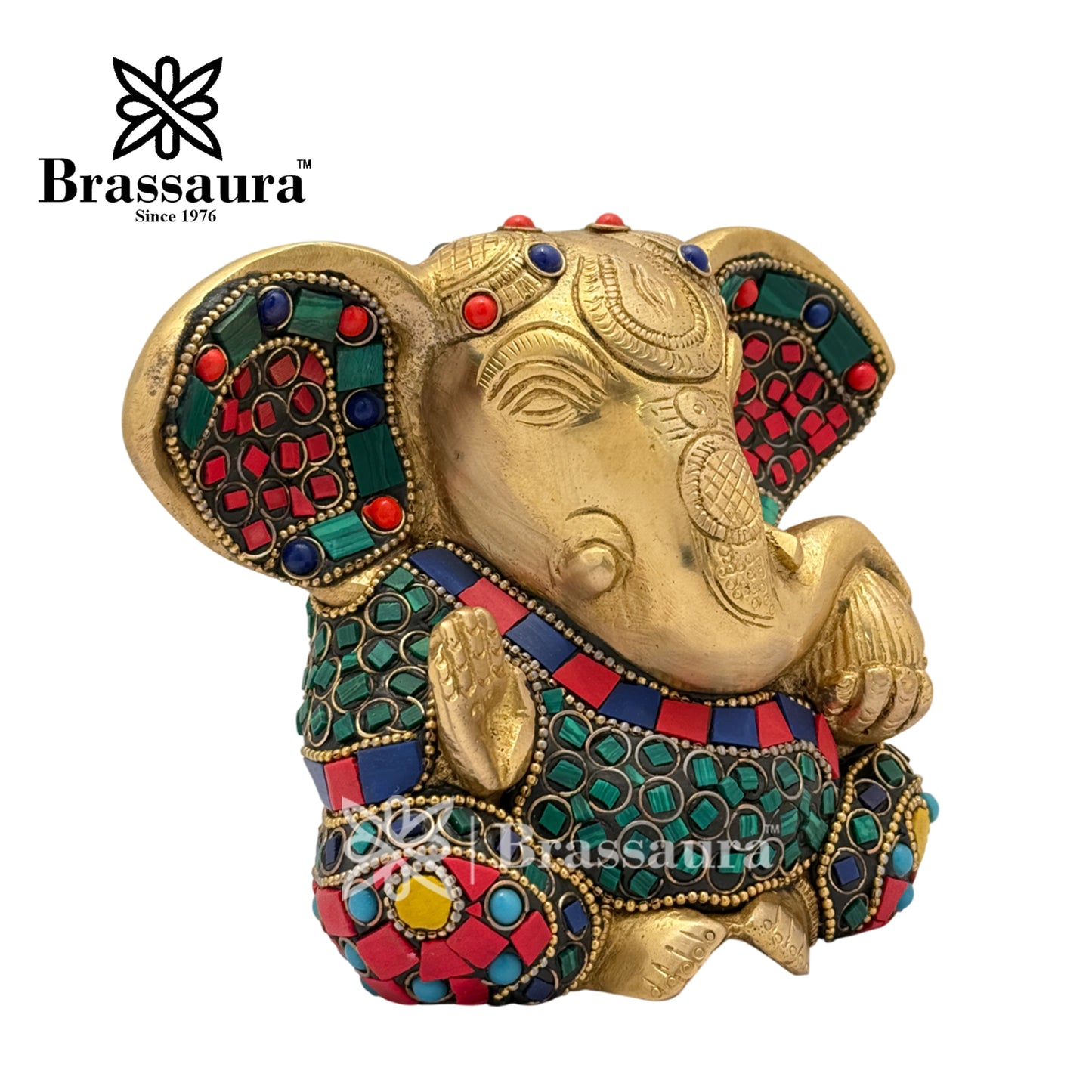 Brass Gem Stone Work Ganesha Idol for Home and Decor Weight 1.6 Kg Height 12 cm