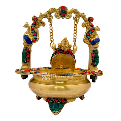 Brass Gem Stone Work Ganesh Jhula Urli Idol for Home and Decor Weight 2.6 Kg Height 24 cm