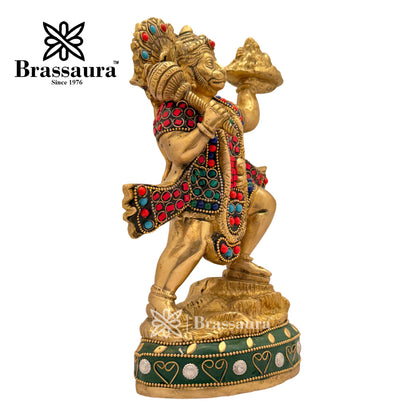 Brass Gem Stone Work Mountain Hanuman Idol for Home and Decor Weight 2.7 Kg Height 24 cm