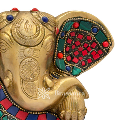 Brass Gem Stone Work Ganesha Idol for Home and Decor Weight 1.6 Kg Height 12 cm