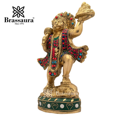 Brass Gem Stone Work Mountain Hanuman Idol for Home and Decor Weight 2.7 Kg Height 24 cm