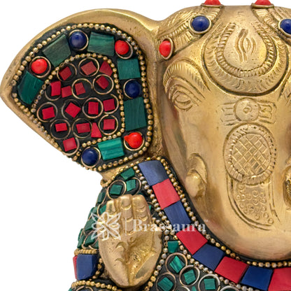 Brass Gem Stone Work Ganesha Idol for Home and Decor Weight 1.6 Kg Height 12 cm