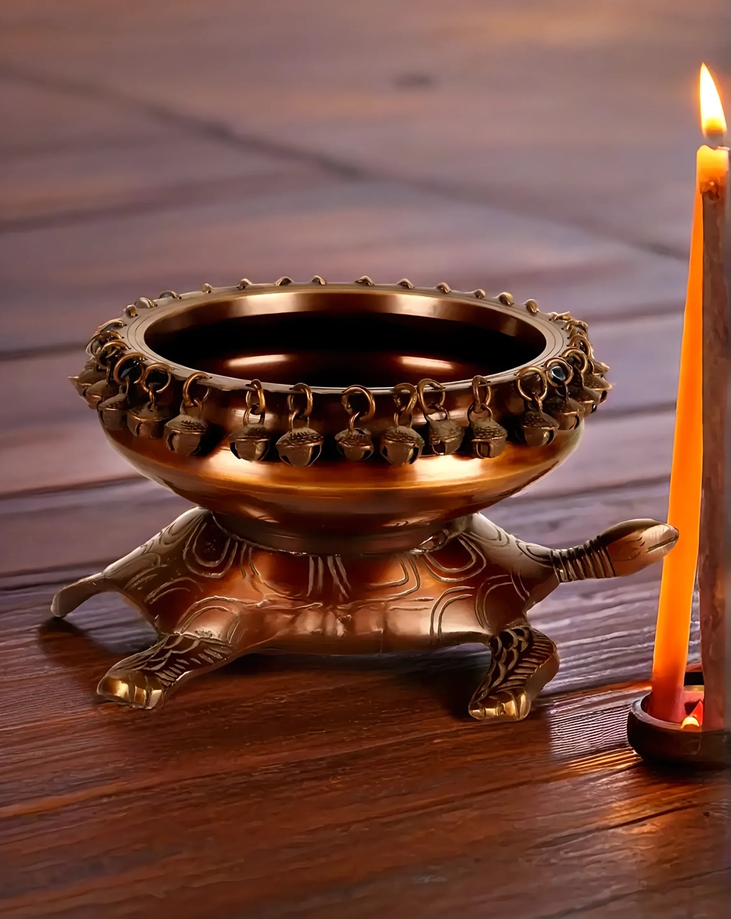 Brassaura™ Brass Urli Bowl on Tortoise Base – 2.3 kgs, 5 Inches Height – Vastu & Feng Shui Decor in Matte Chocolate Finish