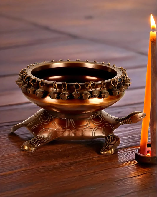 Brassaura™ Brass Urli Bowl on Tortoise Base – 2.3 kgs, 5 Inches Height – Vastu & Feng Shui Decor in Matte Chocolate Finish