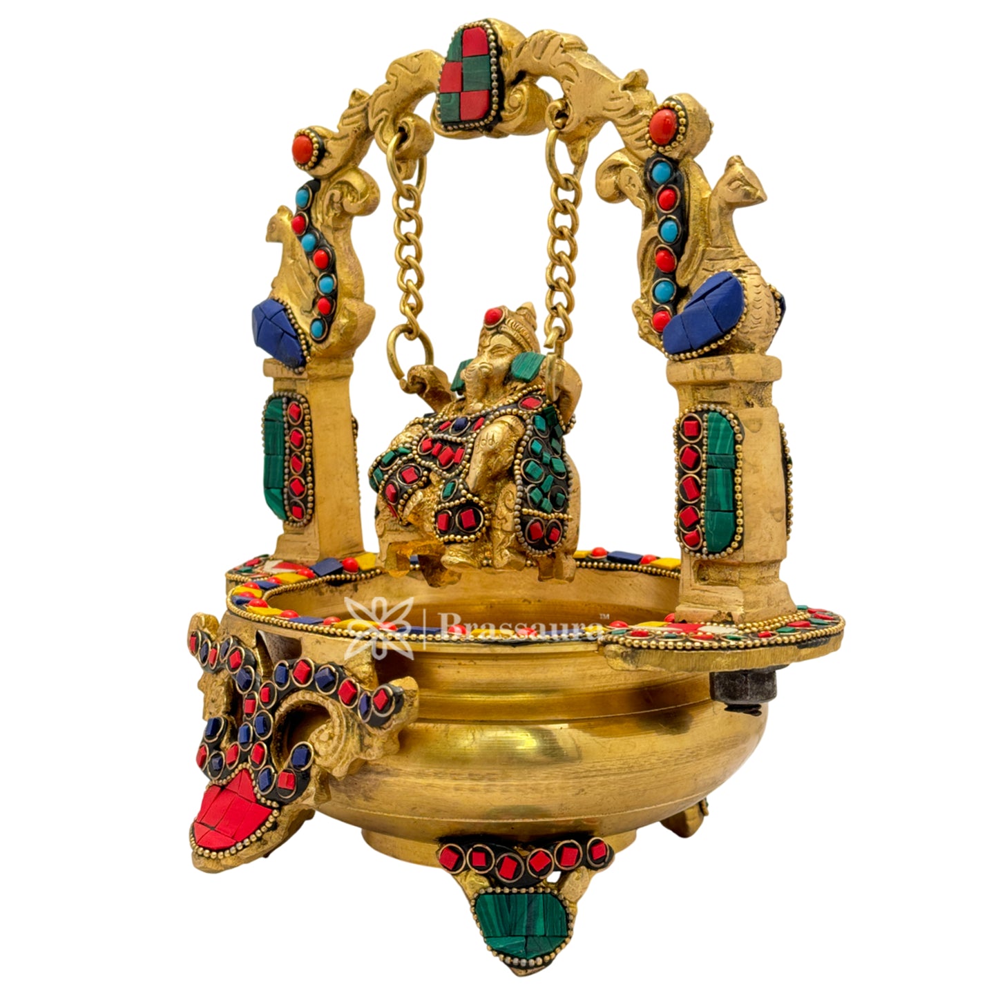 Brass Gem Stone Work Ganesh Jhula Urli Idol for Home and Decor Weight 2.6 Kg Height 24 cm