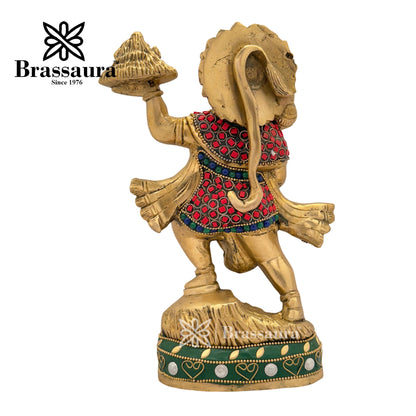 Brass Gem Stone Work Mountain Hanuman Idol for Home and Decor Weight 2.7 Kg Height 24 cm