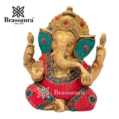 Brass Beautiful Gem Stone Work Ganesha Idol for Home and Decor Weight 1.6 Kg Height 14 cm