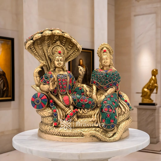 Brassaura™ Brass Gem Stone Work  Vishnu Laxmi – Height 8.8 Inches & Weight 4.3 Kgs | Divine Brass Artwork Representing Wealth & Harmony