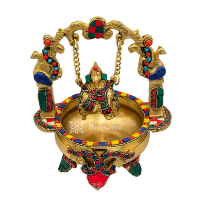 Brass Gem Stone Work Ganesh Jhula Urli Idol for Home and Decor Weight 2.6 Kg Height 24 cm