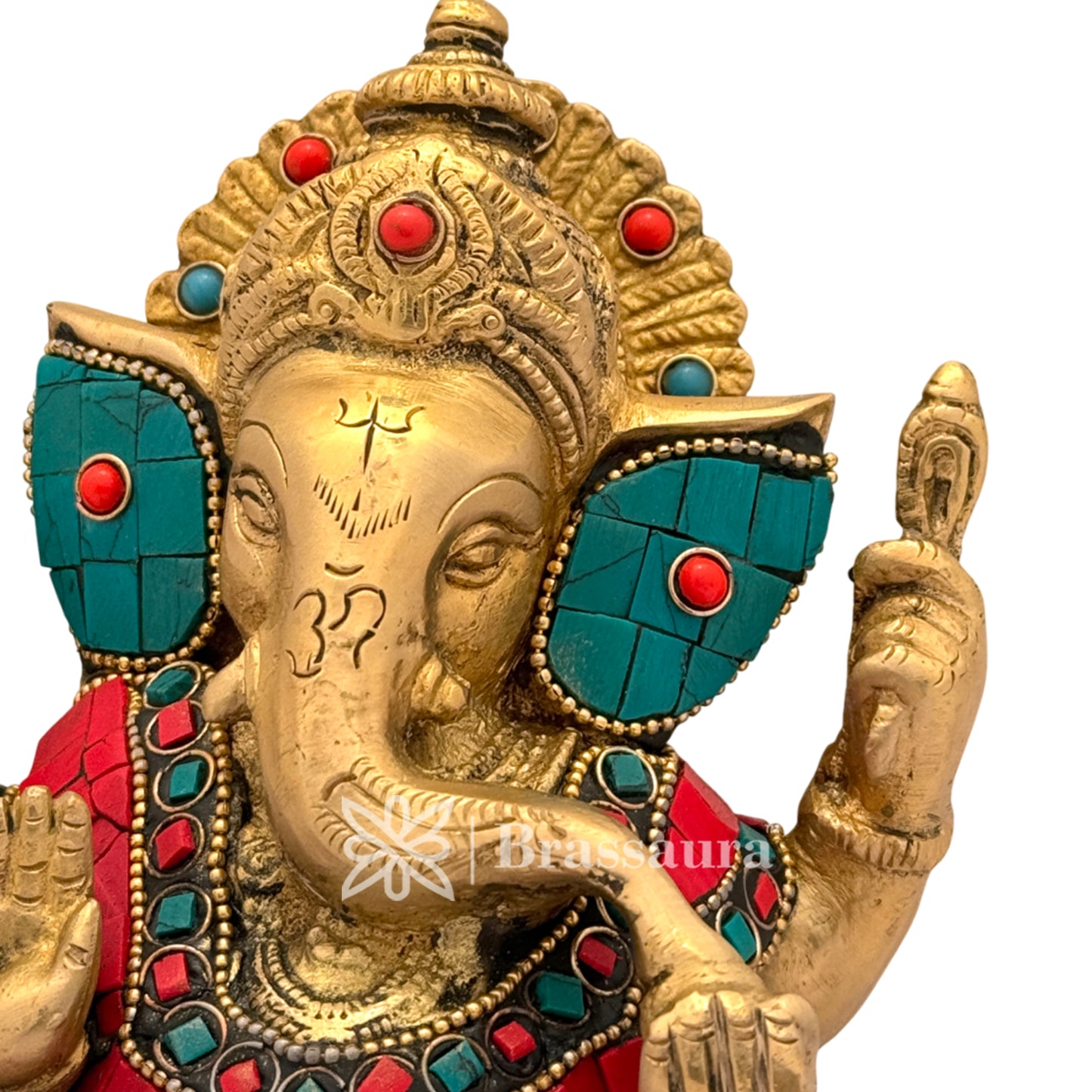 Brass Beautiful Gem Stone Work Ganesha Idol for Home and Decor Weight 1.6 Kg Height 14 cm