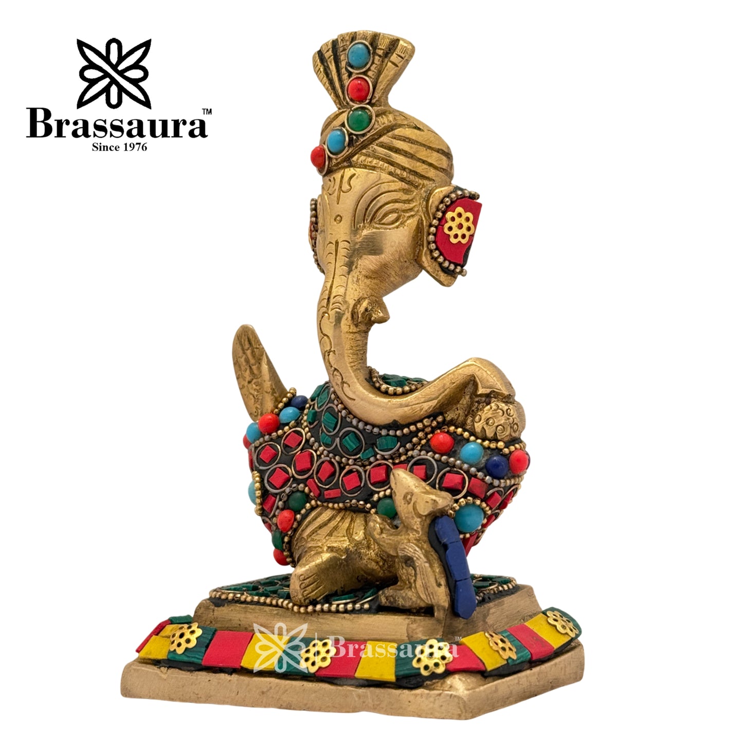 Brass Gem Stone Work Modern Ganesha Idol for Home and Decor Weight 1.1 Kg Height 15 cm