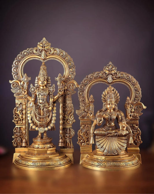 Brassaura® Brass Tirupati Balaji & Padmavathi Thayar Idol Set – Height 22 & 18 Inches, Total Weight 27.5 Kgs | Divine Temple Decor