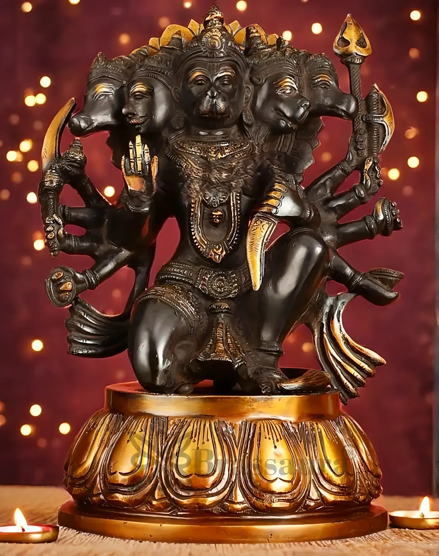 Brassaura™ Pure Brass Panchmukhi Hanuman Idol – Height 13.5 Inches & Weight 9 Kgs | Heat-Treated Black & Gold Finish