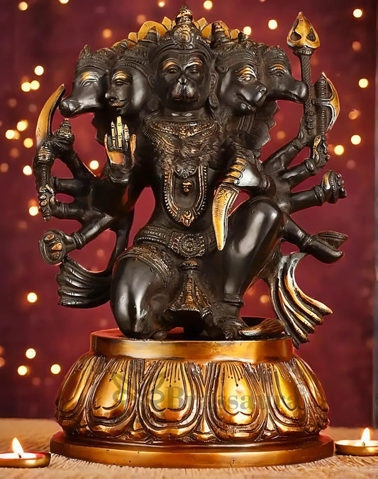 Brassaura™ Pure Brass Panchmukhi Hanuman Idol – Height 13.5 Inches & Weight 9 Kgs | Heat-Treated Black & Gold Finish