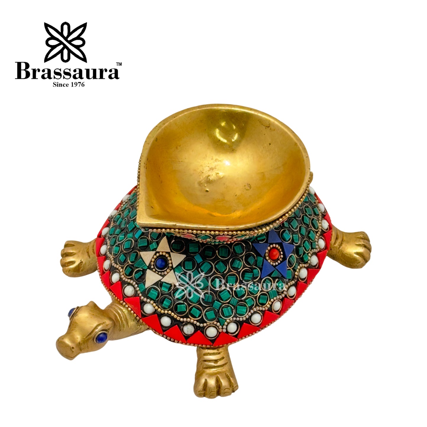 Brass Gem Stone Work Turtle Diya Idol for Home and Decor Weight 1.4 Kg Height 8 cm