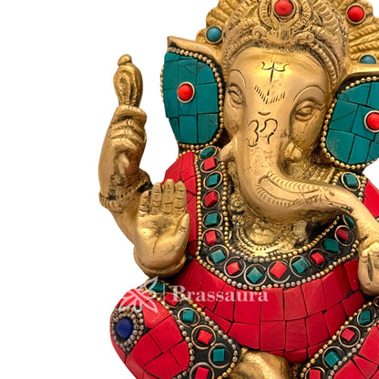 Brass Beautiful Gem Stone Work Ganesha Idol for Home and Decor Weight 1.6 Kg Height 14 cm