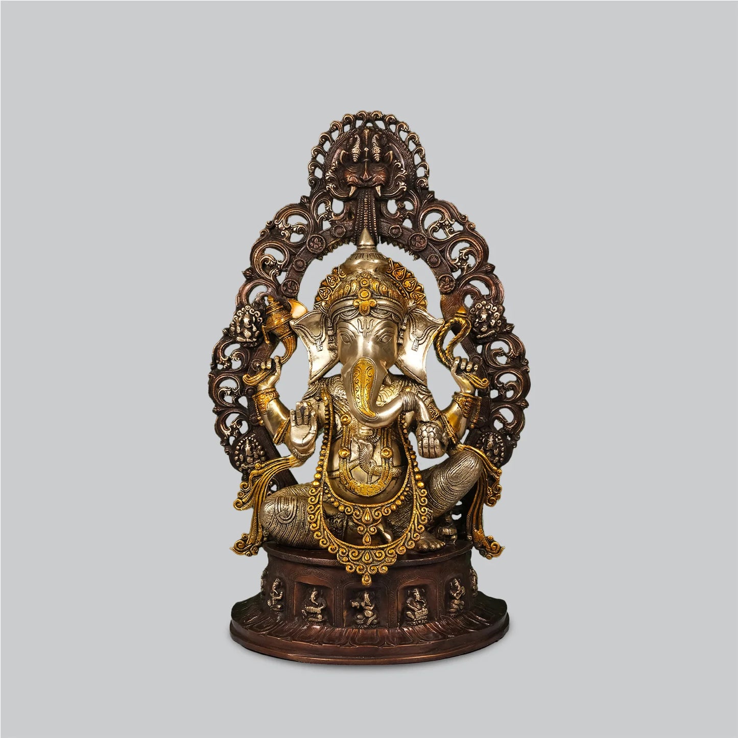 Brassaura® Lord Ganesha Seated on Musical Base with Kirtimukha Aureole | Handcrafted Brass Sculpture | Height 25 Inches & Weight 25.30 Kgs