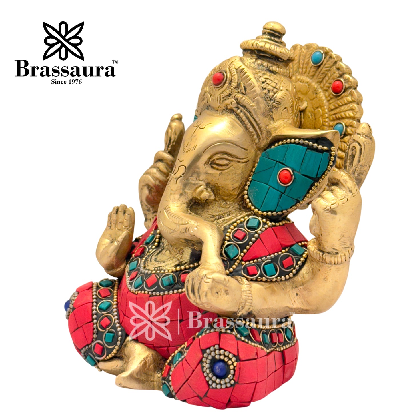 Brass Beautiful Gem Stone Work Ganesha Idol for Home and Decor Weight 1.6 Kg Height 14 cm