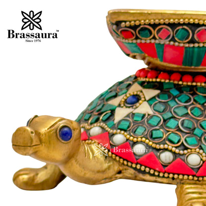 Brass Gem Stone Work Turtle Diya Idol for Home and Decor Weight 1.4 Kg Height 8 cm